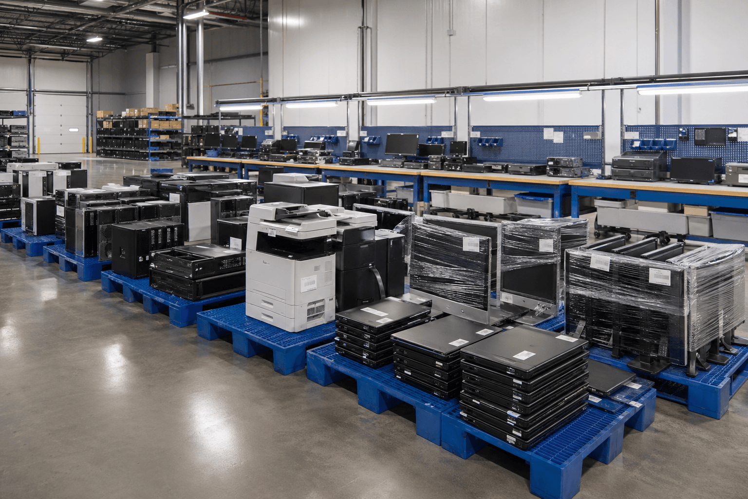Organized asset disposition lane with palletized office IT equipment