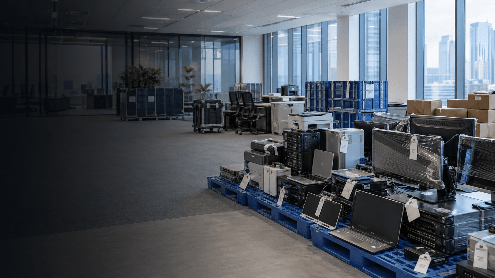 Office relocation closeout with IT equipment staged for asset disposition